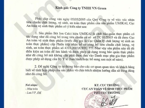CÔNG VĂN CHO PHÉP LƯU HÀNH CỦA CỤC AN TOÀN VỆ SINH THỰC PHẨM - BỘ Y TẾ